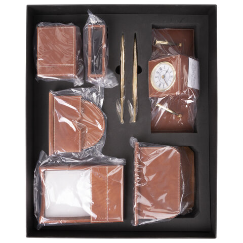 Настольный набор из натуральной кожи Galant (9 предметов) коричневая кожа, двойной лоток, часы (231190)
