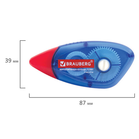 Корректирующая лента Brauberg, 5мм х 8м, корпус синий, механизм перемотки (227801)