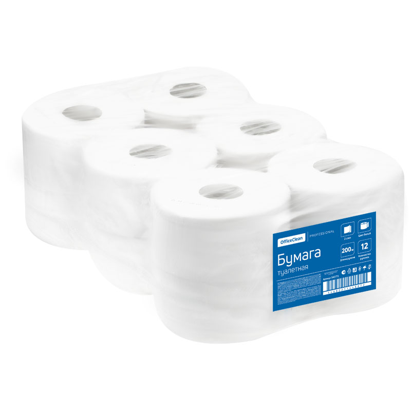 Бумага туалетная 2-слойная OfficeClean Professional T2, белая, 200м, тиснение, 12 рул/уп (342772)