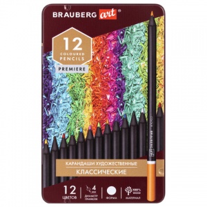 Карандаши цветные художественные 12 цветов Brauberg Art Premiere (мягкий грифель 4мм, круглые), металл, 3 уп. (181540)
