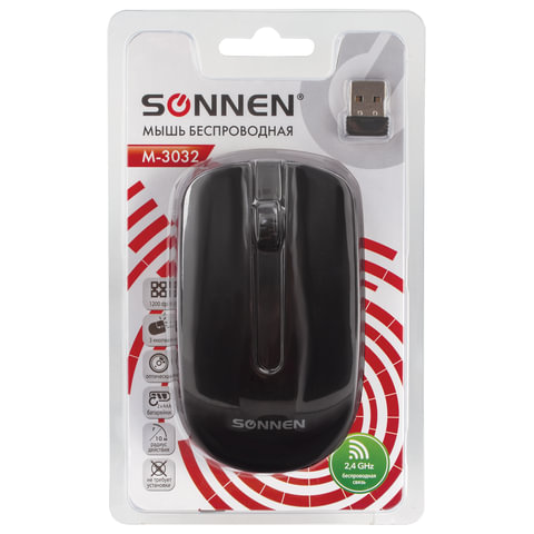 Мышь оптическая беспроводная Sonnen M-3032, USB, черная (512640), 60шт.