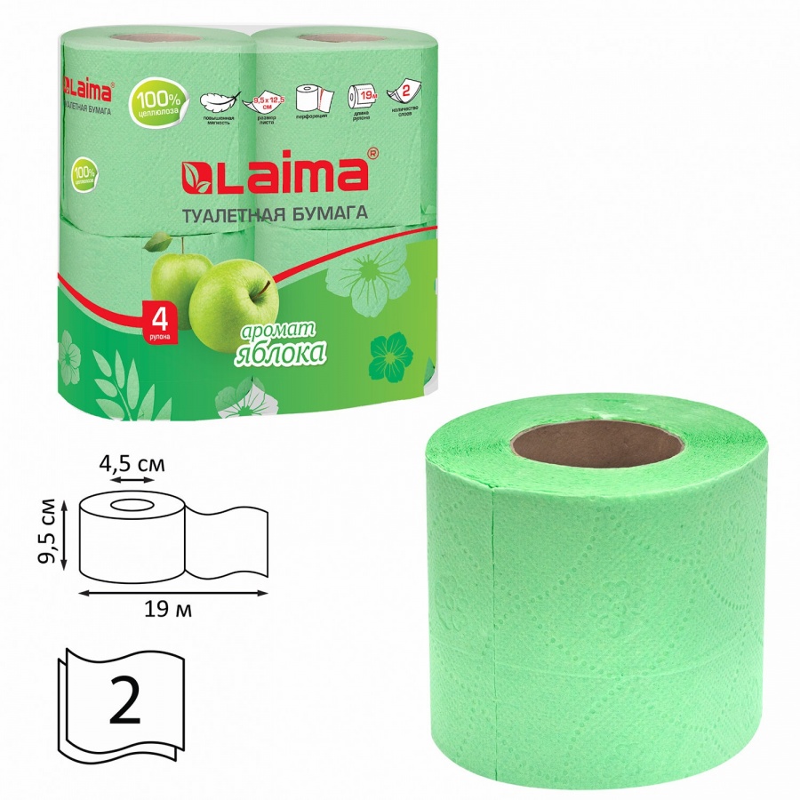 Бумага туалетная 2-слойная Лайма, зеленая (яблоко), 19м, 4 рул/уп (128722), 12 уп.