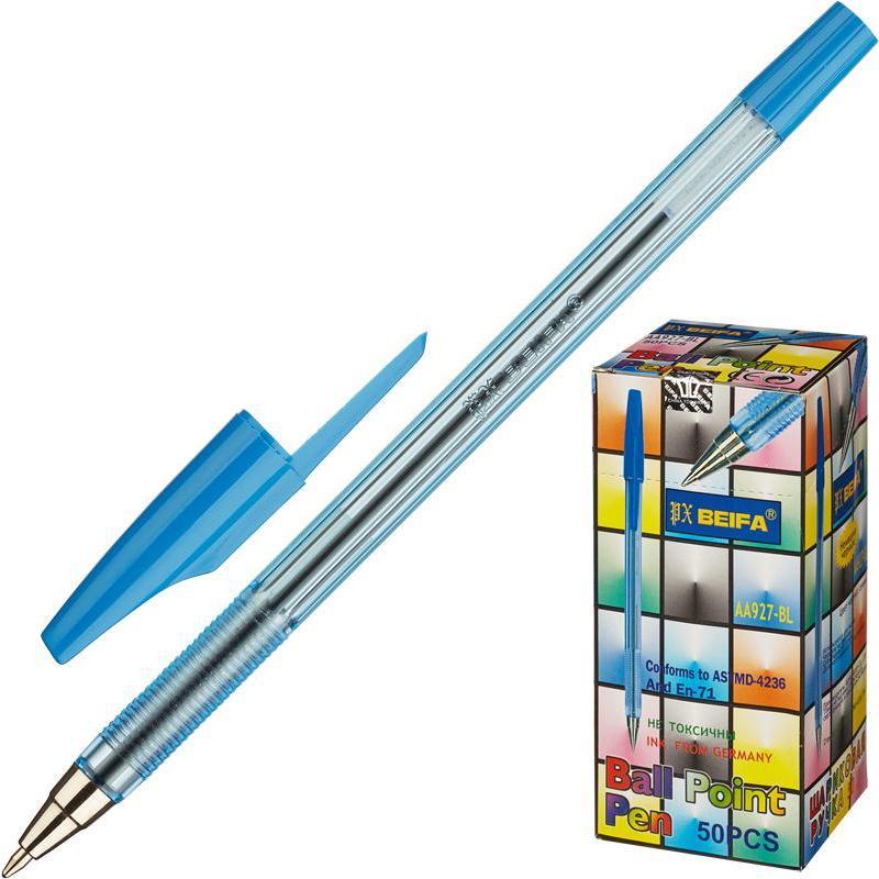 Ручка шариковая Beifa AA 927 (0.5мм, синий цвет чернил, корпус прозрачный) 50шт. (AA927-BL)