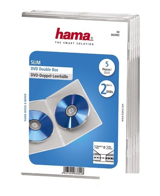 Бокс для CD/DVD дисков Hama H-83892 Slim, вертикальный двухместный, прозрачный, 5шт. (83892)