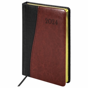 Ежедневник датированный на 2024 год А5 Brauberg "Cayman", черный/коричневый, 168 листов, кожзам, 138х213мм (114833)