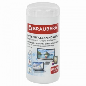 Салфетки чистящие влажные и сухие Brauberg, для LCD (ЖК)-мониторов, в тубе, 50+50шт. (510121), 12 уп.
