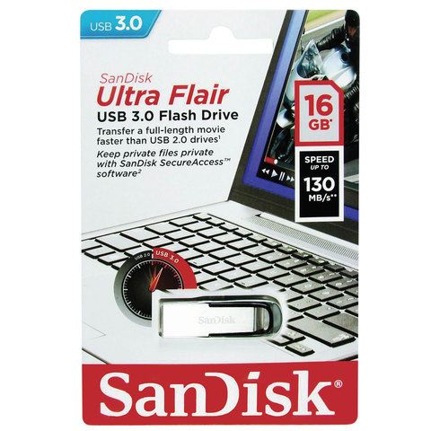 Флэш-диск USB 16Gb SanDisk Cruzer Ultra Flair, серебристый и черный (SDCZ73-016G-G46)