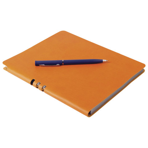 Бизнес-тетрадь 175x215мм Brauberg Nebraska, 120 листов, кожзам, клетка, ручка, оранжевая (110956)