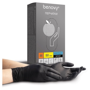 Перчатки одноразовые нитриловые смотровые Benovy, черные, размер M, 50 пар в упаковке