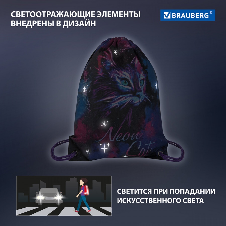 Мешок для обуви Brauberg Premium, карман, подкладка, светоотражайка, 43х33см, &quot;Neon cat&quot; (271621)