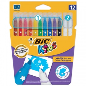 Набор фломастеров 10 цветов BIC Kids Magic (линия 0.8мм, смываемые + 2 стирателя) картонная упаковка (920296)