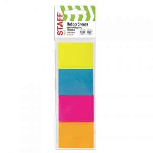 Стикеры (самоклеящийся блок) Staff, 38х51мм, 4 цвета неон, 4 блока по 50 листов (129347)