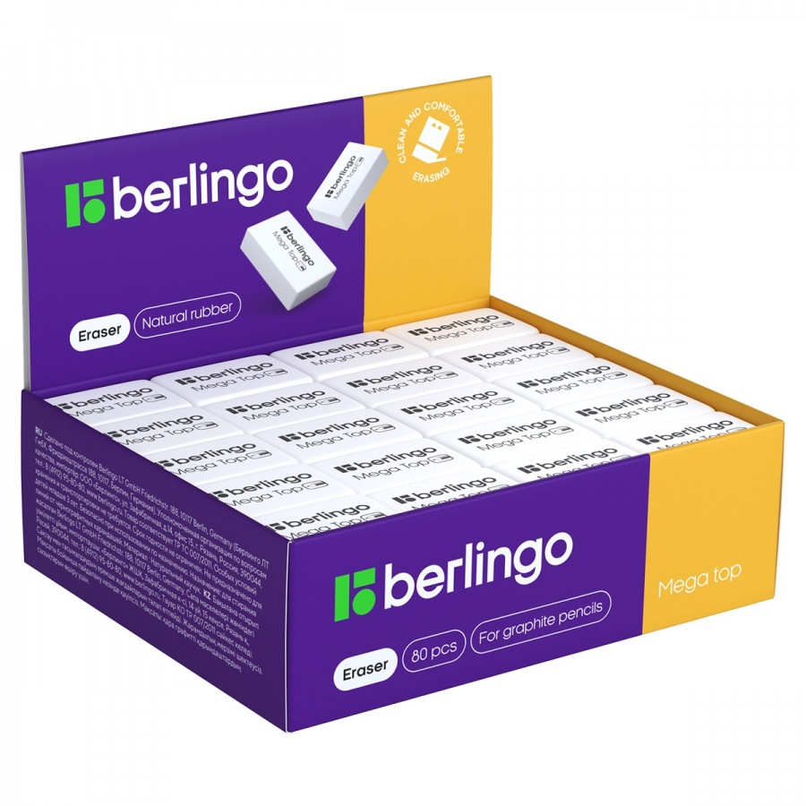 Ластик Berlingo Mega Top, прямоугольный, натуральный каучук, 26x18x8мм, 80шт. (BLc_00014)