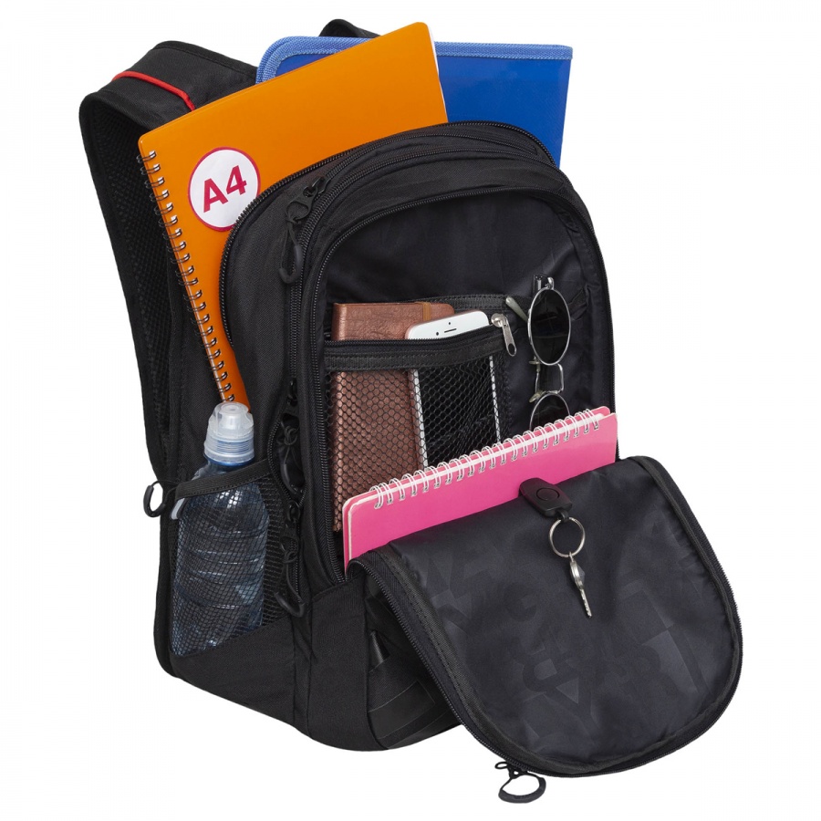 Рюкзак школьный Grizzly, 31x42x22см, 3 отделения, 4 кармана, анатомическая спинка, черный-красный (RU-338-2/2)