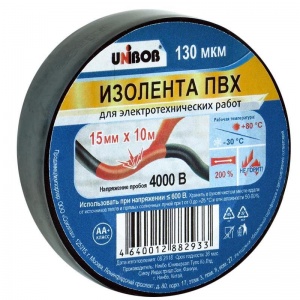 Изолента Unibob ПВХ (15мм x 10м, 130мкм, черная) 10шт.