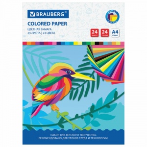 Бумага цветная офсетная Brauberg "Птица" (24 листа, 24 цвета, А4, на скрепке, 200х280мм) (113538)