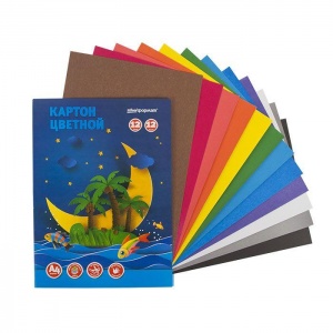 Картон цветной немелованный schoolФОРМАТ (12 листов, 12 цветов, А4) в папке (КЦН12Л12Ц-ШК), 50 уп.