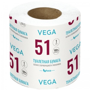 Бумага туалетная 1-слойная Vega, белая с перфорацией, 51м, 48 рул/уп (339244)