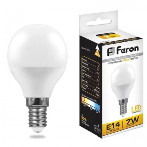 Лампа светодиодная Feron (7Вт, Е14, шарообразная) теплый белый, 1шт.