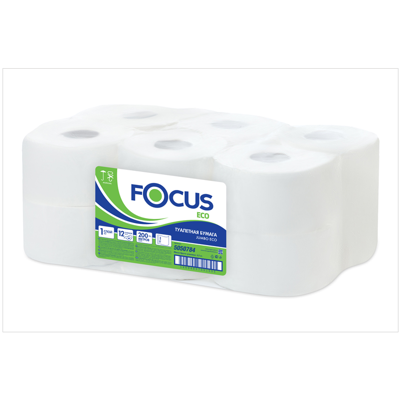 Бумага туалетная для диспенсера 1-слойная Focus Eco Jumbo, белая, 200м, 12 рул/уп (5050784)