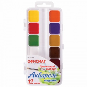 Краски акварельные медовые 12 цветов школьные Офисмаг, без кисти, пластиковая коробка (191562)