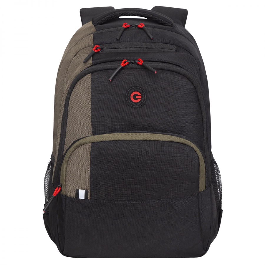 Рюкзак школьный Grizzly, 32x45x23см, 2 отделения, 4 кармана, анатомическая спинка, черный-хаки (RU-330-1/2)