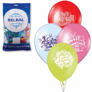 Воздушные шары Веселая Затея "С днем рождения", 50шт., 12" (30см), 12 цветов, 8 рисунков (1103-0081)