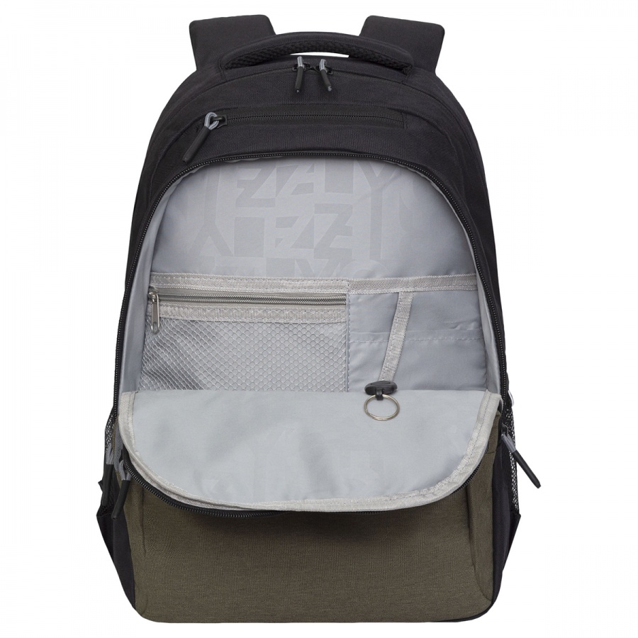 Рюкзак школьный Grizzly, 32x45x23см, 2 отделения, 4 кармана, анатомическая спинка, черный-хаки (RU-330-6/2)
