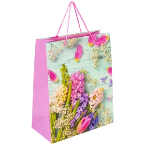 Пакет подарочный 26,5x12,7x33см Золотая Сказка "Spring Flowers", глиттер, розовый с голубым, (608247), 12шт.
