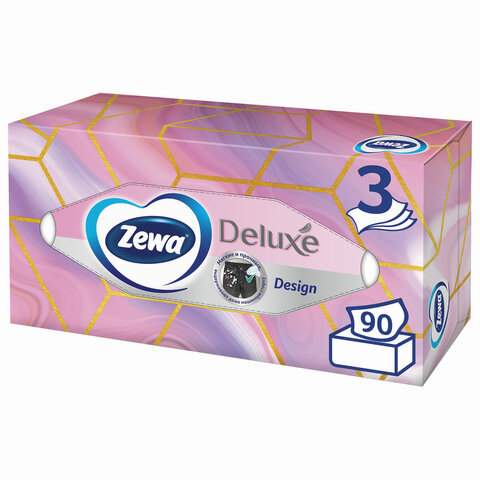 Салфетки косметические 20x20см, 3-слойные Zewa Deluxe Design, 90шт. в картонном боксе (28420), 18 уп.