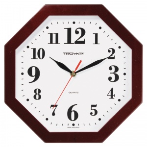 Часы настенные аналоговые Troyka 41431416, восьмигранные, бордовая рамка