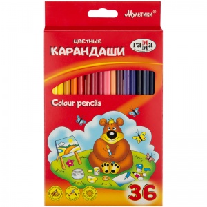 Карандаши цветные 36 цветов Гамма "Мультики" (L=174мм, D=7мм, d=2.6мм, 3гр) картонная упаковка (050918_10)
