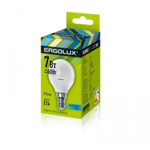 Лампа светодиодная Ergolux (7Вт, Е14, шарообразная) холодный белый, 10шт.