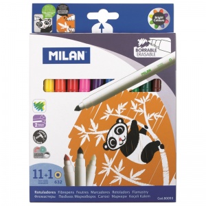Набор фломастеров 11 цветов Milan 632 (линия 1-5мм, смываемые + 1 стиратель) картонная упаковка (80093)