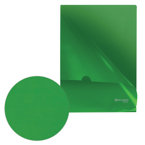Папка-уголок Brauberg (А4, 150мкм, жесткий пластик) зеленая непрозрачная (224881)