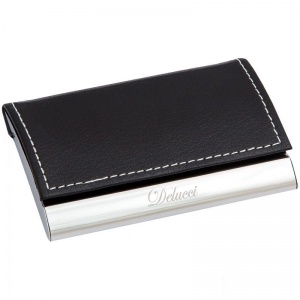 Визитница карманная Delucci (на 20 визиток, алюминий/кожзам) черная, подарочная упаковка (BCh_46005)