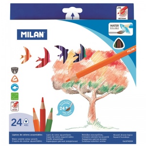Карандаши акварельные 24 цвета Milan 431 (L=174мм, D=6.2мм, d=2.9мм, 3гр) + кисть, картонная упаковка (0742324)