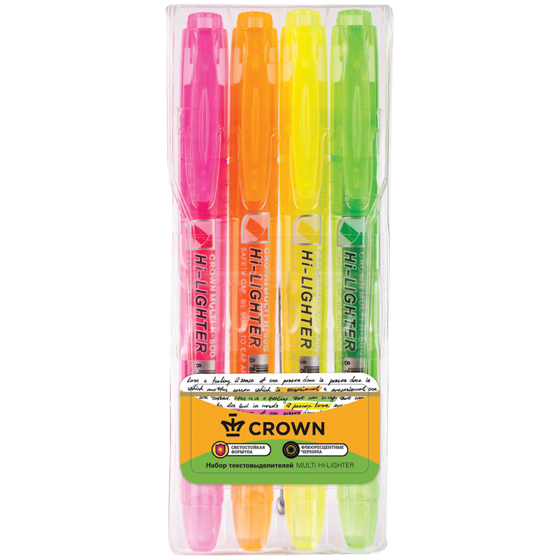 Набор маркеров-текстовыделителей Crown Multi Hi-Lighter (1-4мм, 4 цвета) 4шт. (H-500-4)