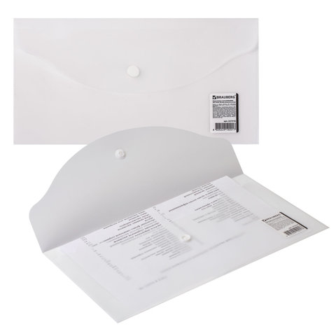 Папка-конверт на кнопке Brauberg (евро, 250х135мм, 150мкм, пластик) прозрачная (227316)