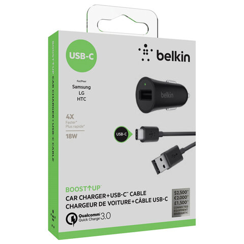 Зарядное устройство автомобильное Belkin, кабель Type-C, серый (F7U032bt04-BLK)