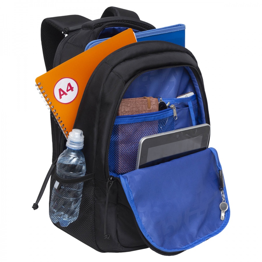 Рюкзак школьный Grizzly, 31x42x22см, 3 отделения, 3 кармана, анатомическая спинка, черный-синий (RU-332-3/1)