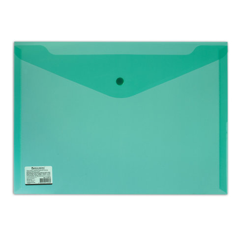 Папка-конверт на кнопке Brauberg (А4, до 100л., 180мкм, пластик плотный) прозрачная зеленая (224810), 10шт.