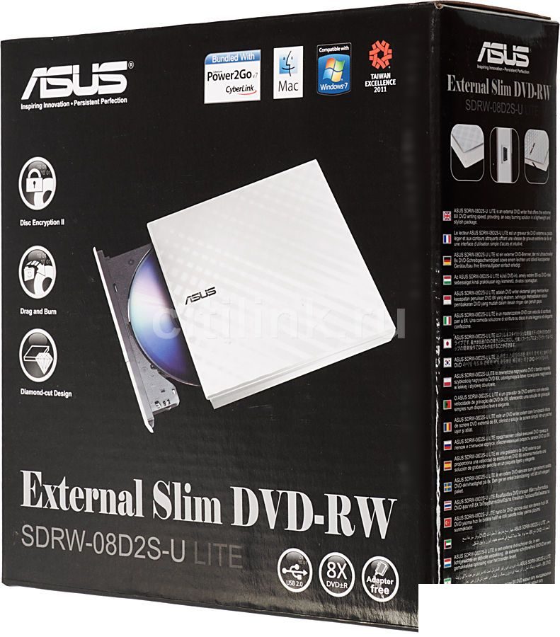 Оптический привод DVD-RW Asus SDRW-08D2S-U, внешний, USB, белый, Retail (SDRW-08D2S-U LITE/WHT/G/AS)