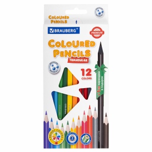 Карандаши цветные 12 цветов Brauberg Premium (L=176мм + 1 чернографитный карандаш, d=3мм, 3гр, пластик) (181936), 12 уп.