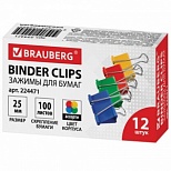 Зажимы для бумаг металлические Brauberg (25мм, до 100 листов, цветные) в картонной коробке, 12шт. (224471)