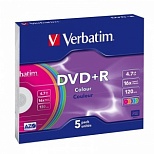 Оптический диск DVD+R Verbatim 4.7Gb, 16x, slim case, разноцветные, 5шт. (43556)