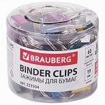 Зажимы для бумаг металлические Brauberg (19мм, до 60 листов, цвет металлик) в пластиковом цилиндре, 40шт. (223504), 12 уп.