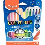 Набор фломастеров 12 цветов Maped Color'Peps Long Life (линия 3мм, смываемые, трехгранные) картонная упаковка (845020), 12 уп.
