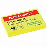 Стикеры (самоклеящийся блок) Brauberg, 76x51мм, желтый неон, 90 листов (122699)