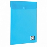 Папка-конверт на кнопке Brauberg (А4, вертикальная, до 100л., 150мкм, пластик) прозрачная синяя (224977)